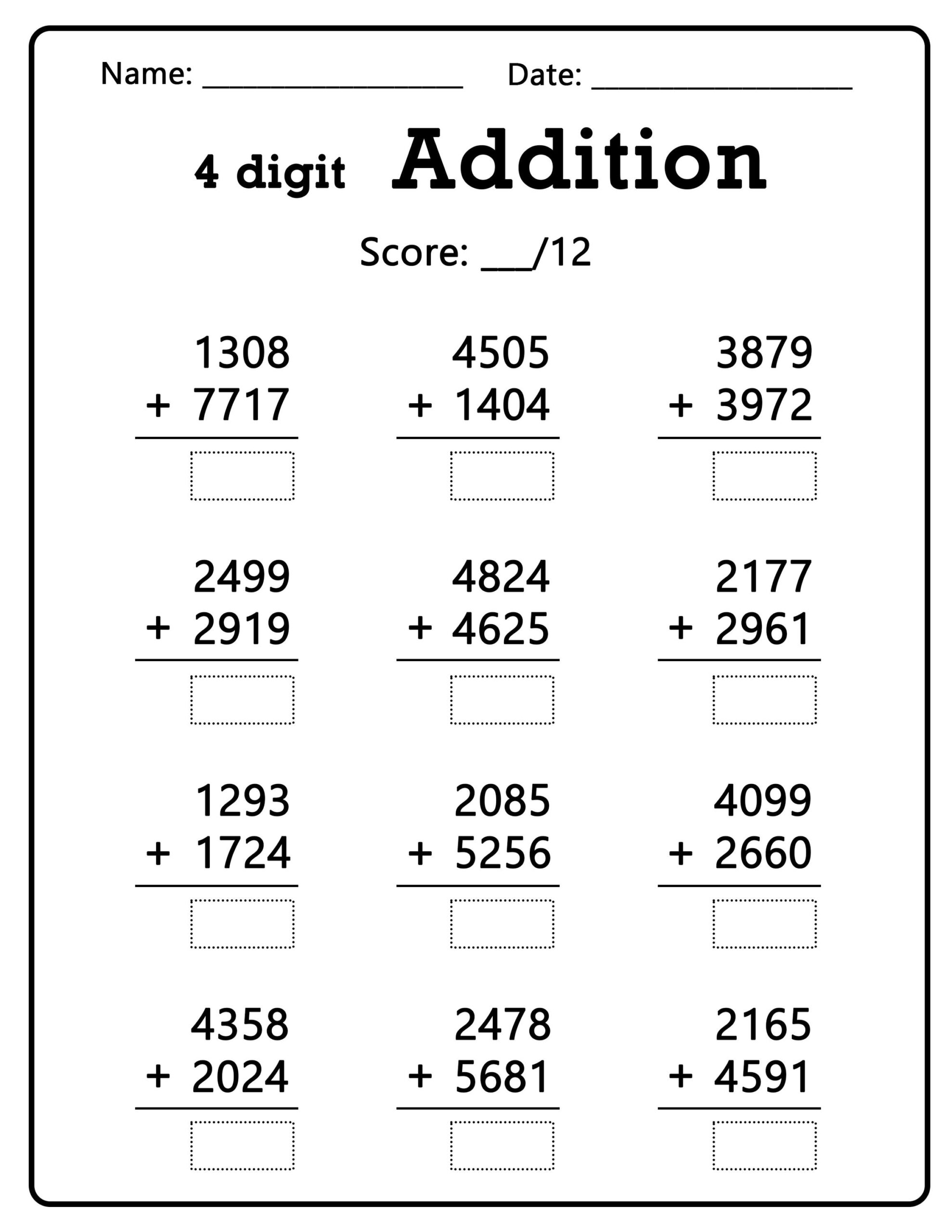 100 Four Digit Addition Worksheets Printable Math Worksheets Educational Resources 1000 9999 Numbers Etsy