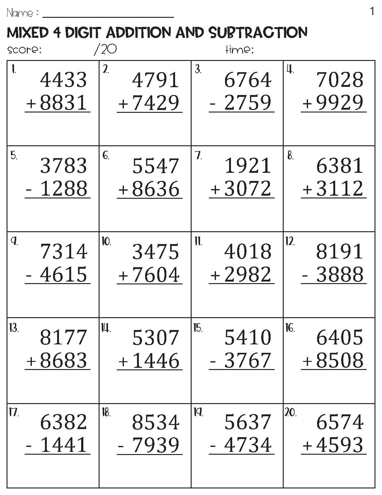 addition 4 digit worksheets