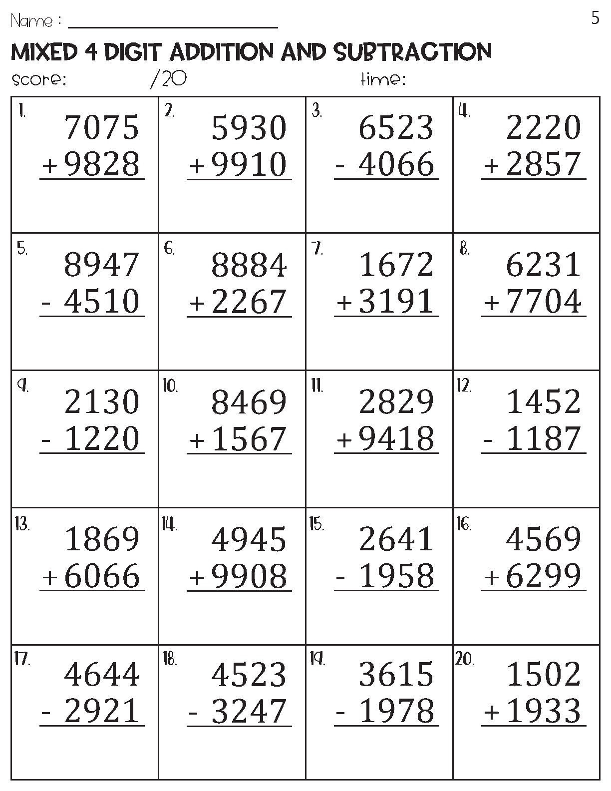 4 digit addition worksheets