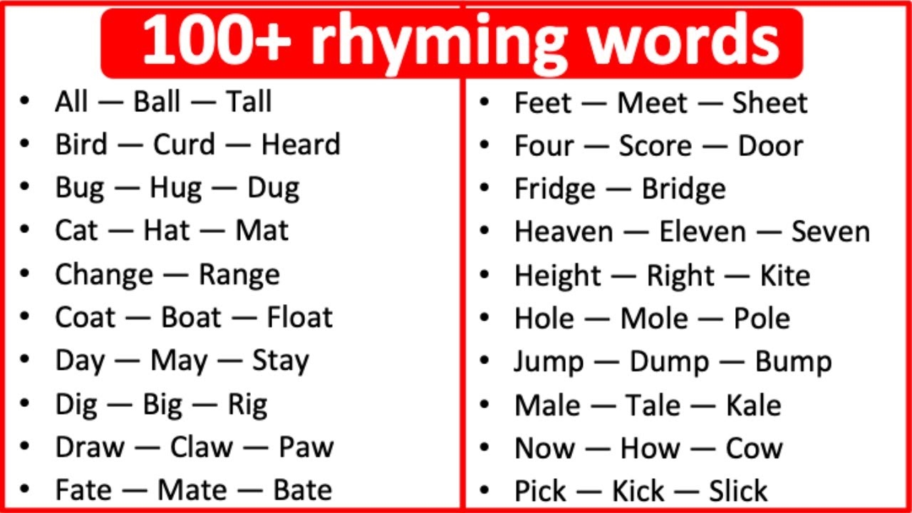 100 Rhyming Words What Are Rhyming Words Learn With Examples YouTube