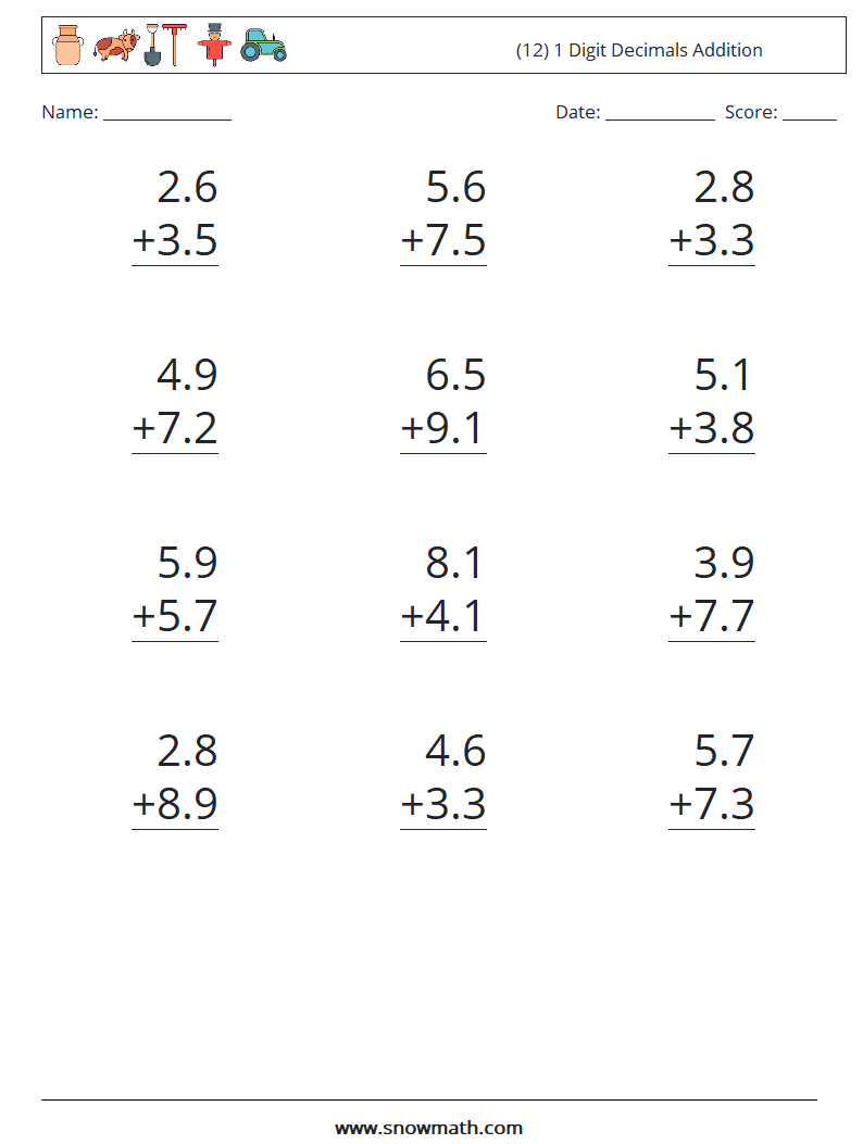 addition with decimals worksheet