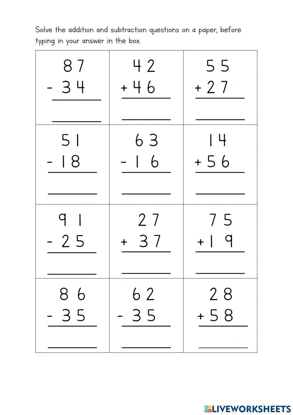 2 digit Addition And Subtraction Worksheet Live Worksheets Worksheets Library