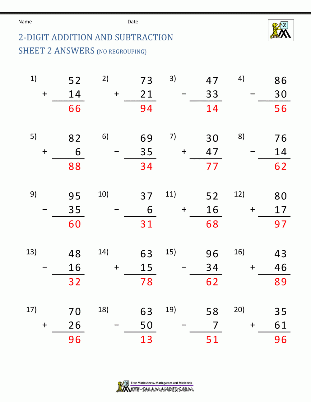 2 Digit Addition And Subtraction Worksheets