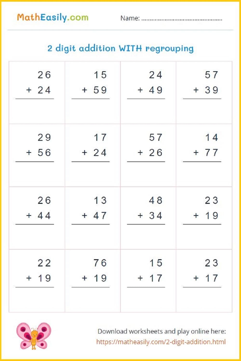 2 Digit Addition WITH WITHOUT Regrouping Games