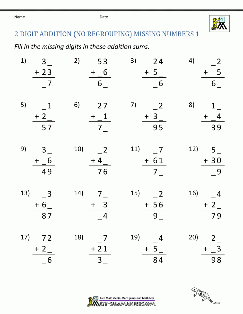 2 Digit Addition Without Regrouping