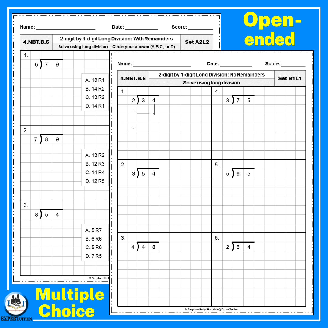 2 Digit By 1 Digit Long Division With And Without Remainders Practice Worksheets Made By Teachers