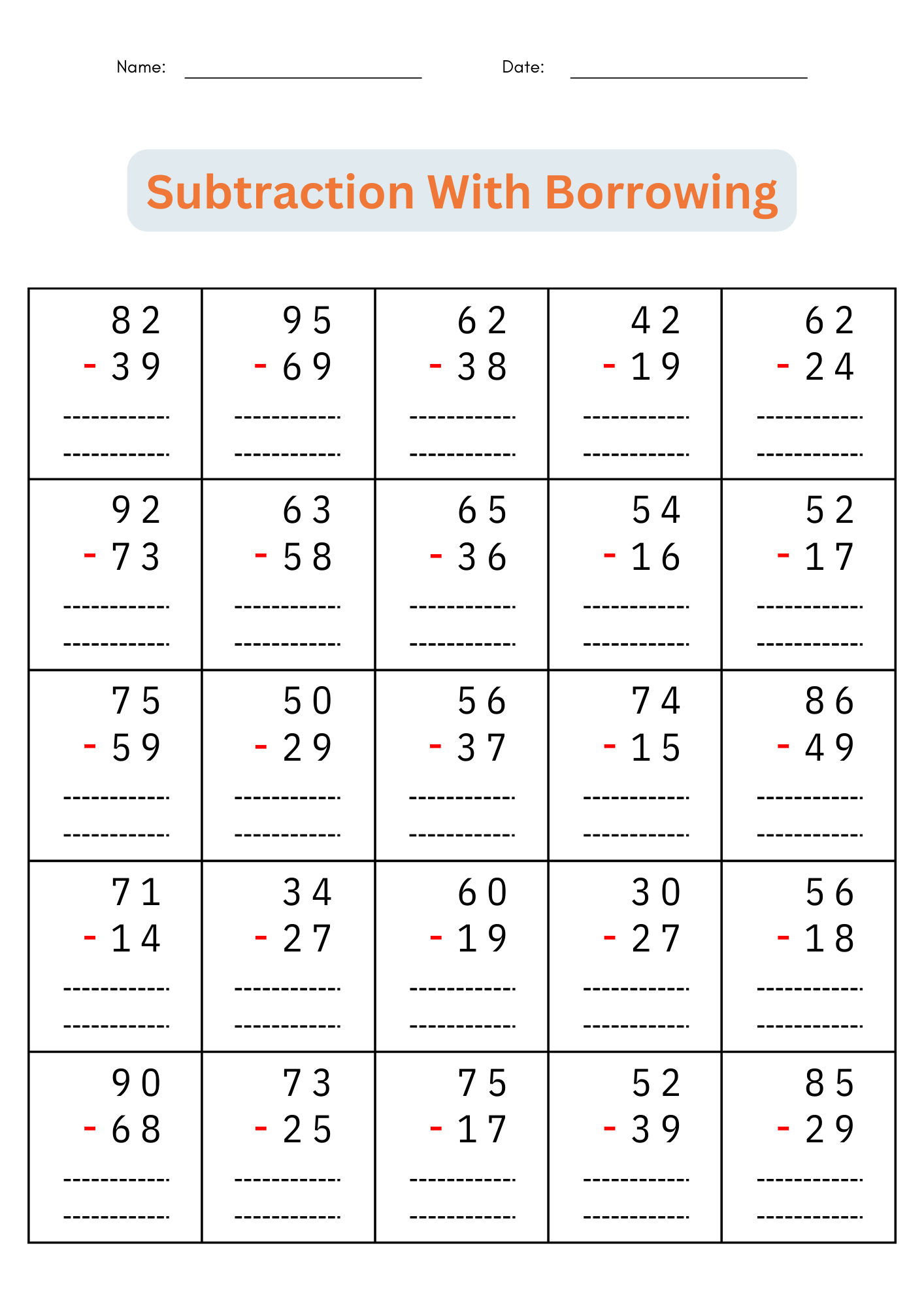 subtraction with regrouping worksheets