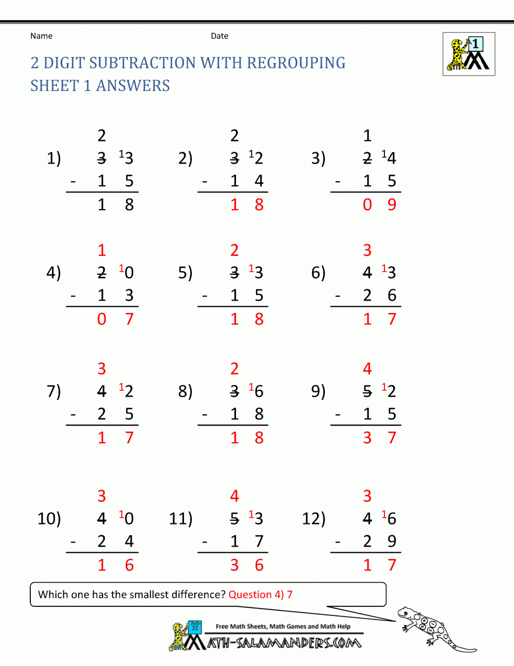 2 Digit Subtraction With Regrouping Sheet 1 Answers