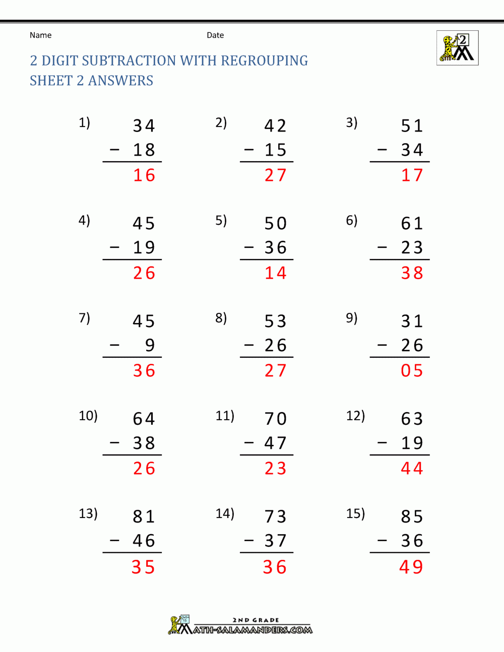 2 Digit Subtraction With Regrouping Worksheets