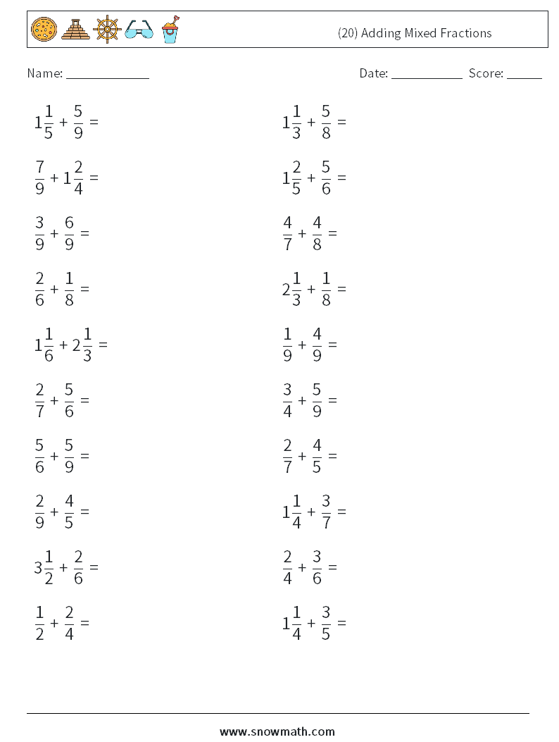 mixed fraction addition worksheets