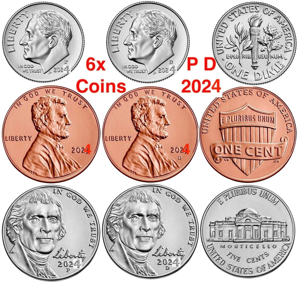 2024 P D Cent Nickel Dime US Mint Unc Via PD BANK ROLLS 1 5 10 Set 6 EBay