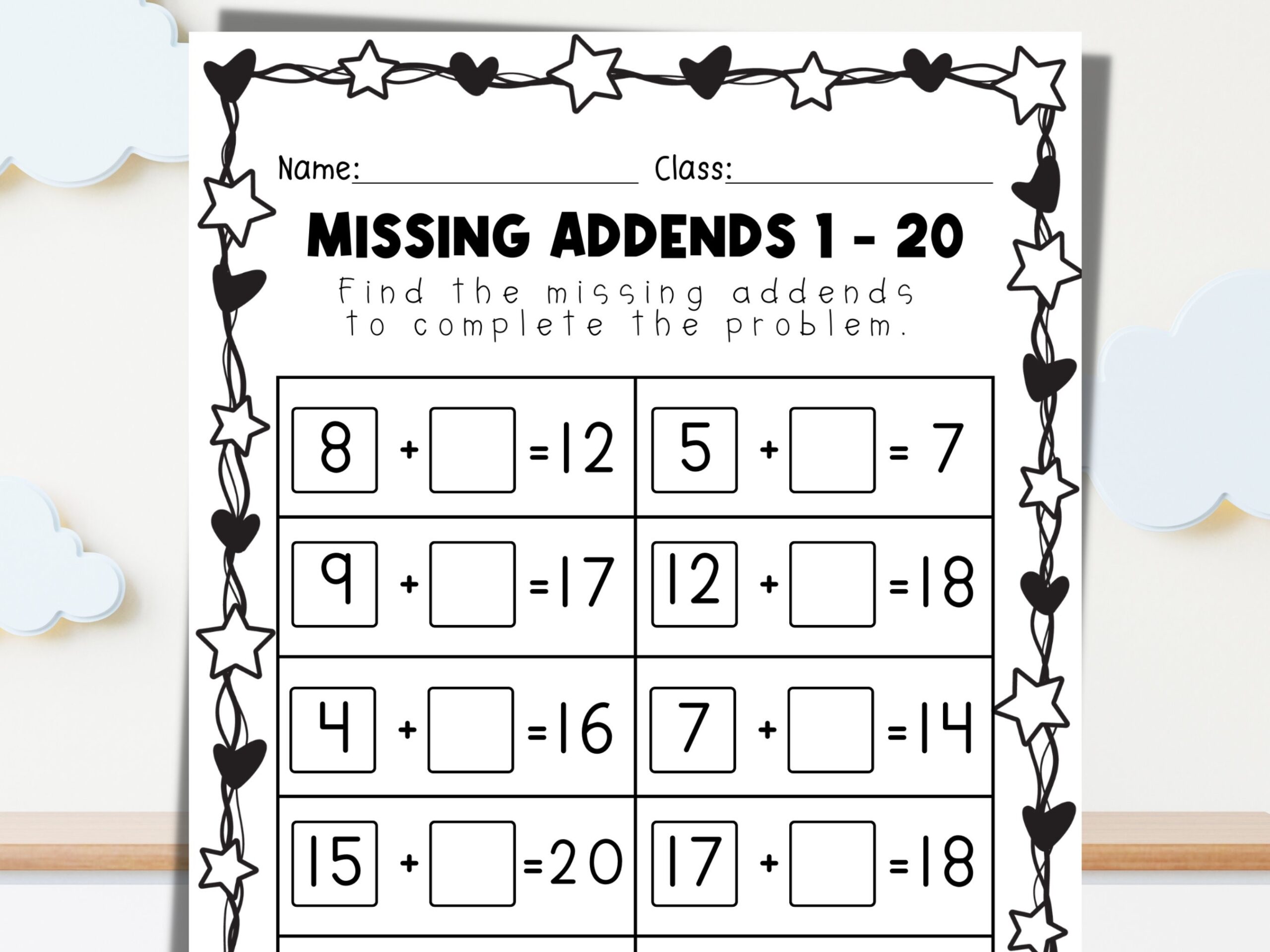 25 Printable Missing Addends 1 20 Practice Worksheet Math Numbers Worksheet For Kindergarten 1st 2nd Grade Instant Digital Download Etsy