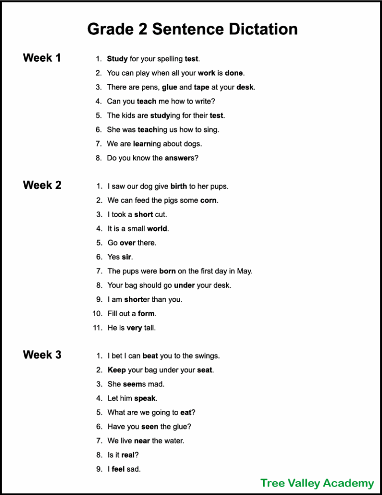 2nd Grade Dictation Sentences Tree Valley Academy