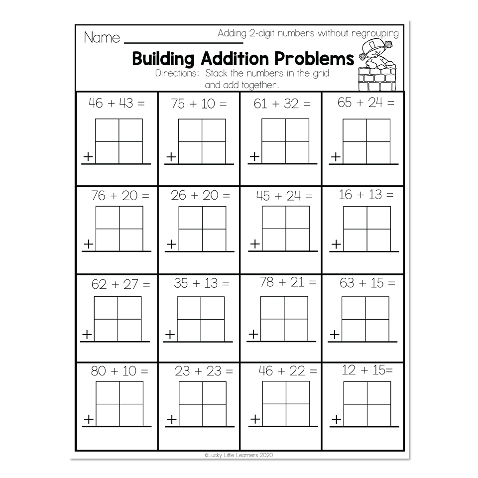 2nd Grade Math Worksheets 2 Digit Addition Without Regrouping Building Addition Problems Lucky Little Learners