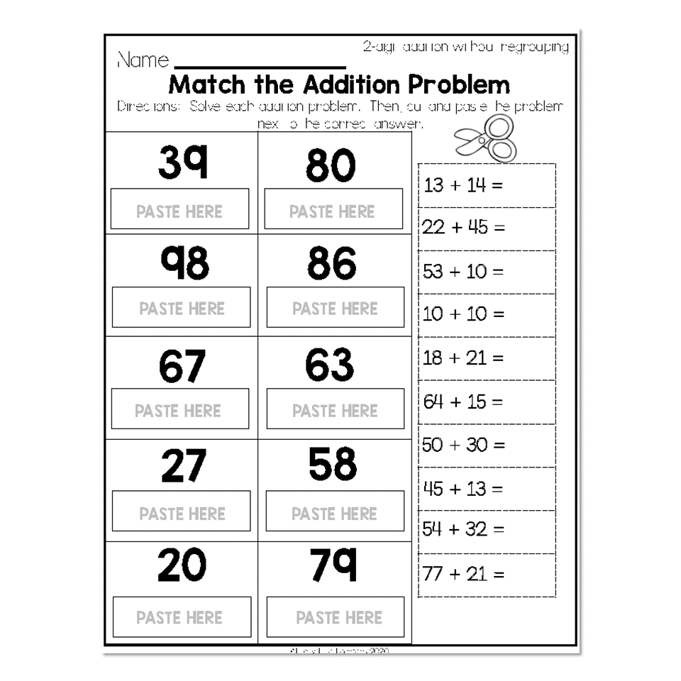 2nd Grade Math Worksheets 2 Digit Addition Without Regrouping Match The Addition Problem Lucky Little Learners