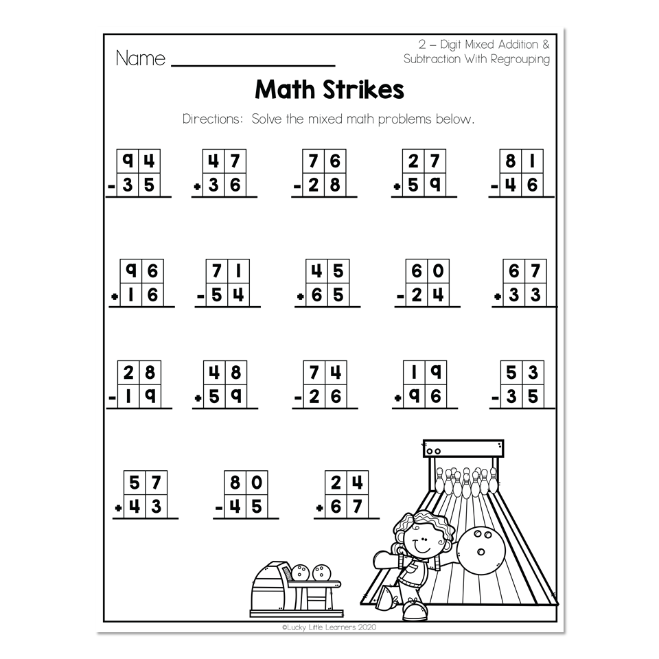 2nd Grade Math Worksheets 2 Digit Mixed Addition And Subtraction With Regrouping Math Strikes Lucky Little Learners