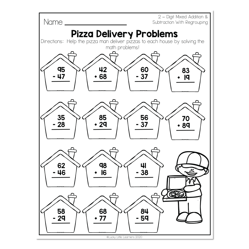 2nd Grade Math Worksheets 2 Digit Mixed Addition And Subtraction With Regrouping Pizza Delivery Problems Lucky Little Learners