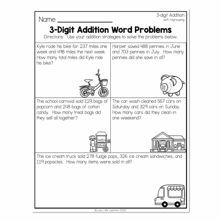 2nd Grade Math Worksheets 3 Digit Addition With Regrouping 3 Digit Addition Word Problems Lucky Little Learners