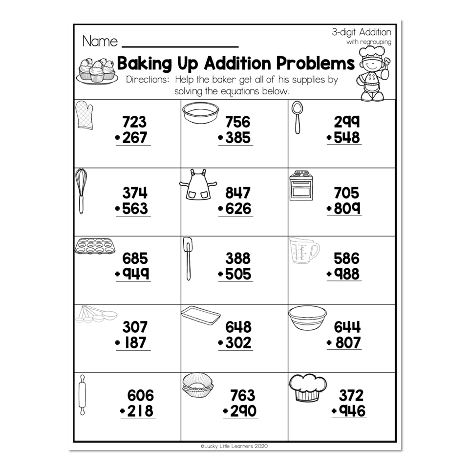 2nd Grade Math Worksheets 3 Digit Addition With Regrouping Baking Up Addition Problems Lucky Little Learners