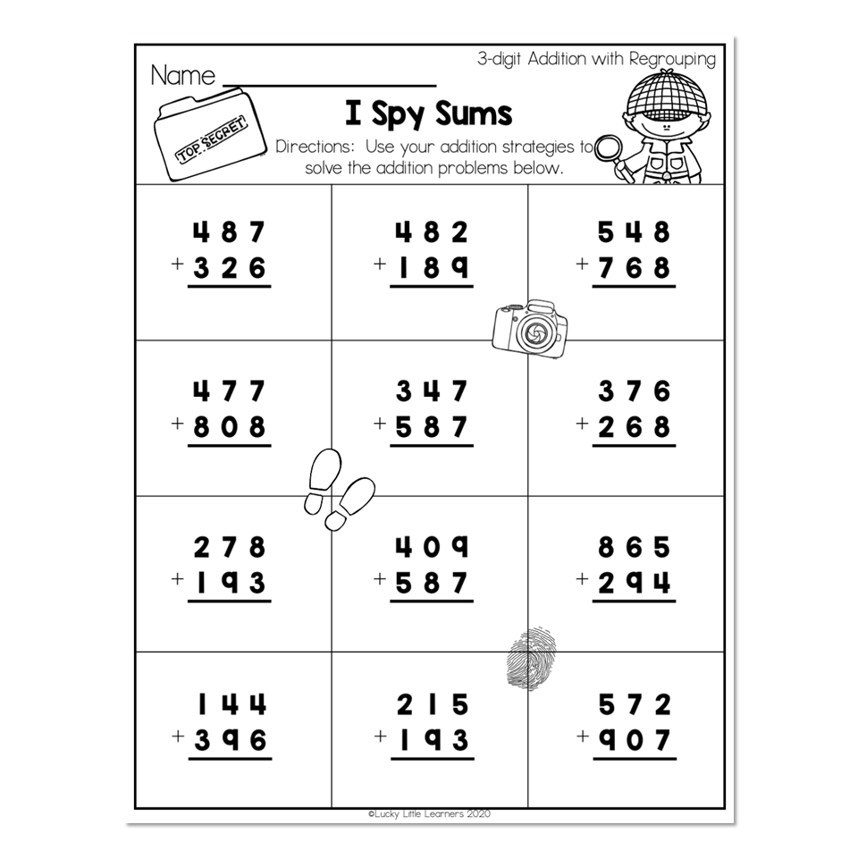 2nd Grade Math Worksheets 3 Digit Addition With Regrouping I Spy Sums Lucky Little Learners