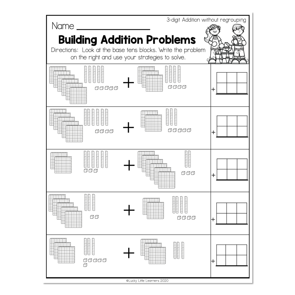 addition worksheets using base ten blocks