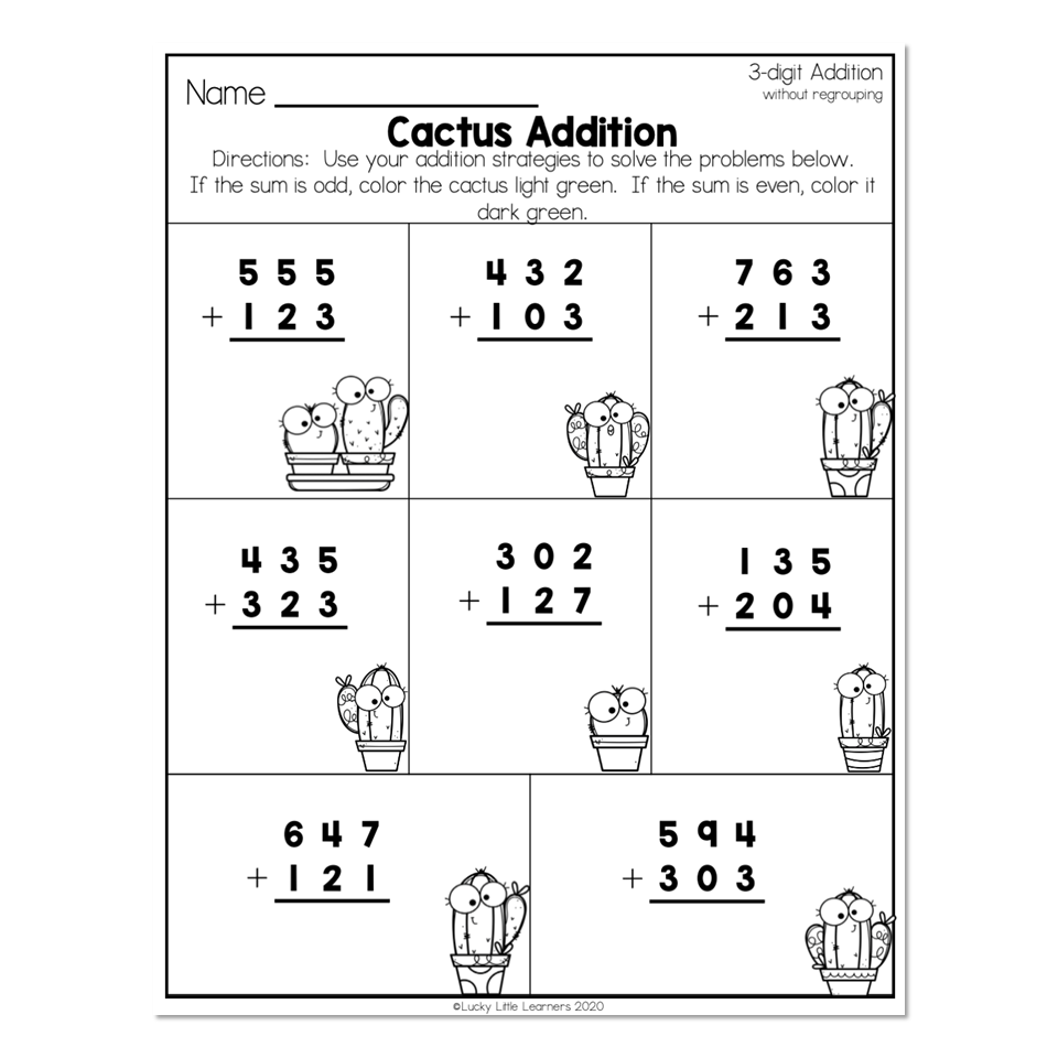 2nd Grade Math Worksheets 3 Digit Addition Without Regrouping Cactus Addition Lucky Little Learners