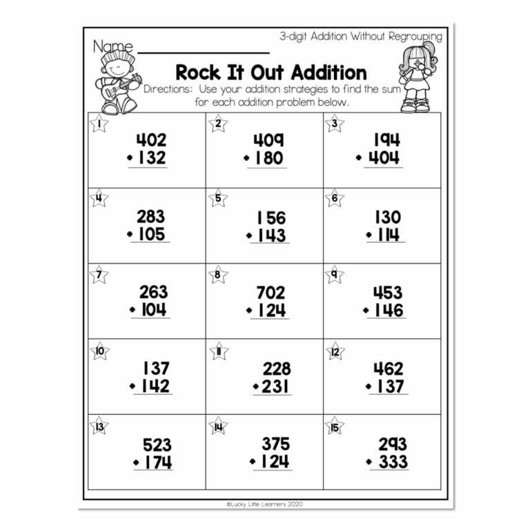 2nd Grade Math Worksheets 3 Digit Addition Without Regrouping Rock It Out Addition Lucky Little Learners