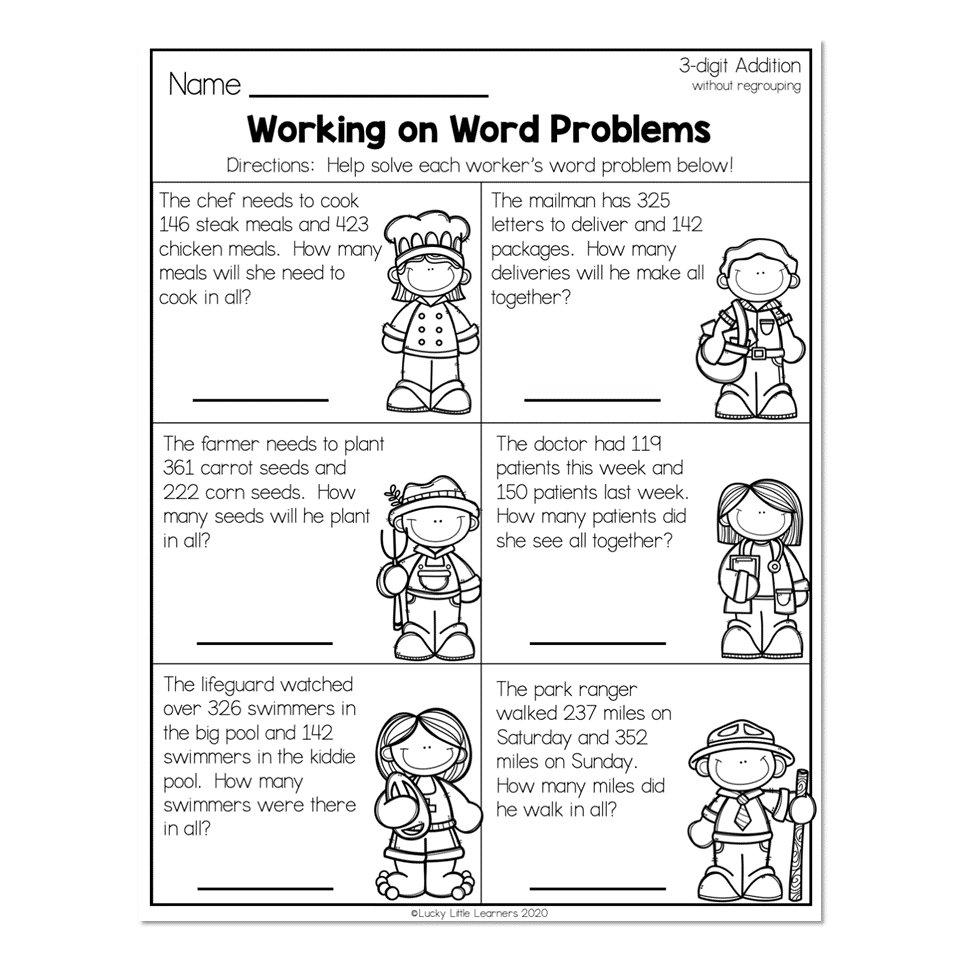 2nd Grade Math Worksheets 3 Digit Addition Without Regrouping Working On Word Problems Lucky Little Learners