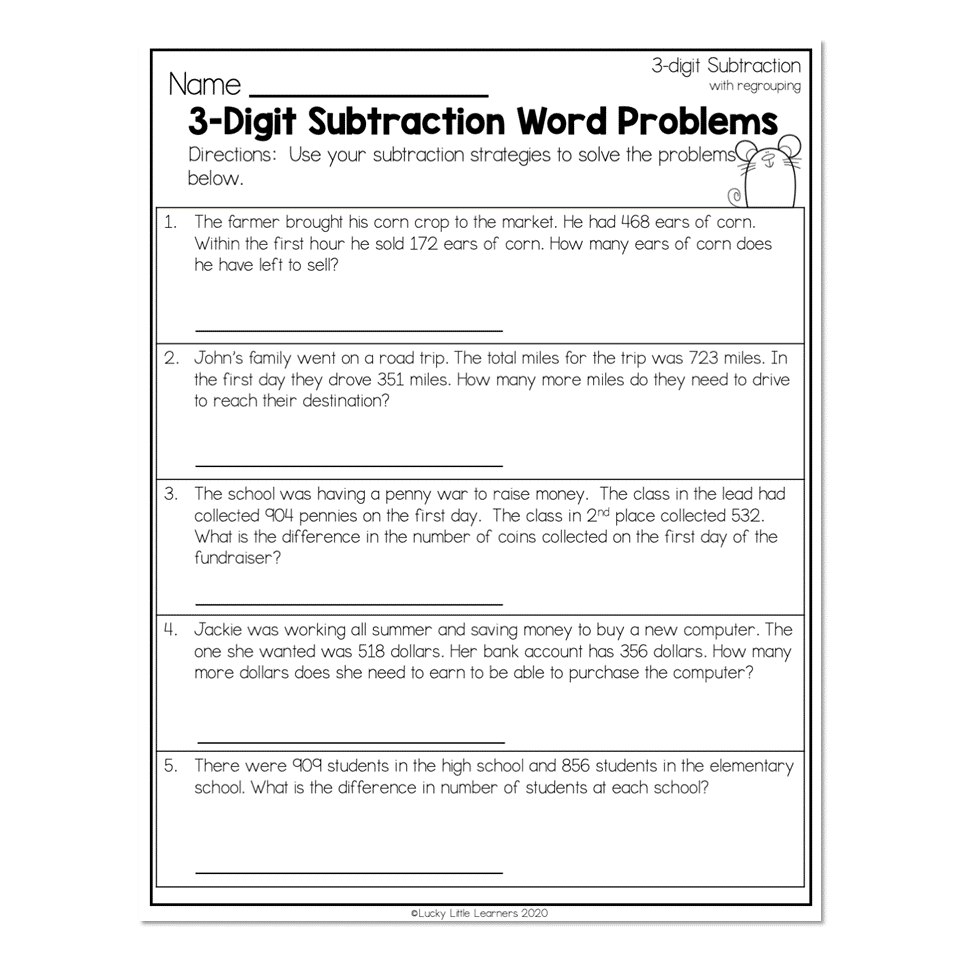 2nd Grade Math Worksheets 3 Digit Subtraction With Regrouping 3 Digit Subtraction Word Problems Lucky Little Learners