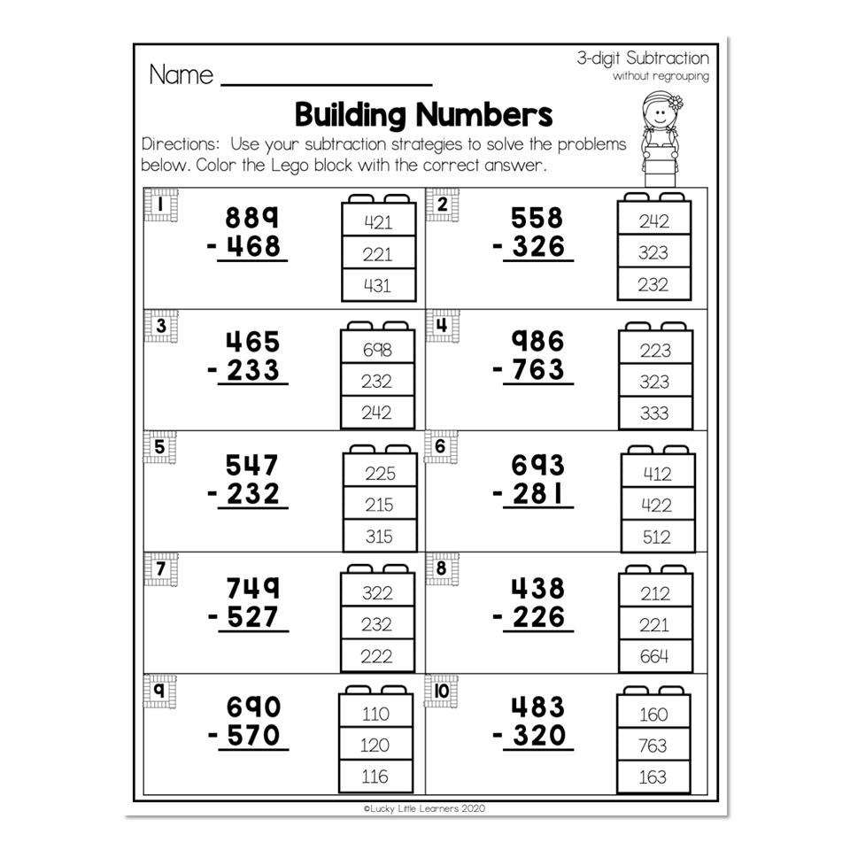 2nd Grade Math Worksheets 3 Digit Subtraction Without Regrouping Building Numbers Lucky Little Learners