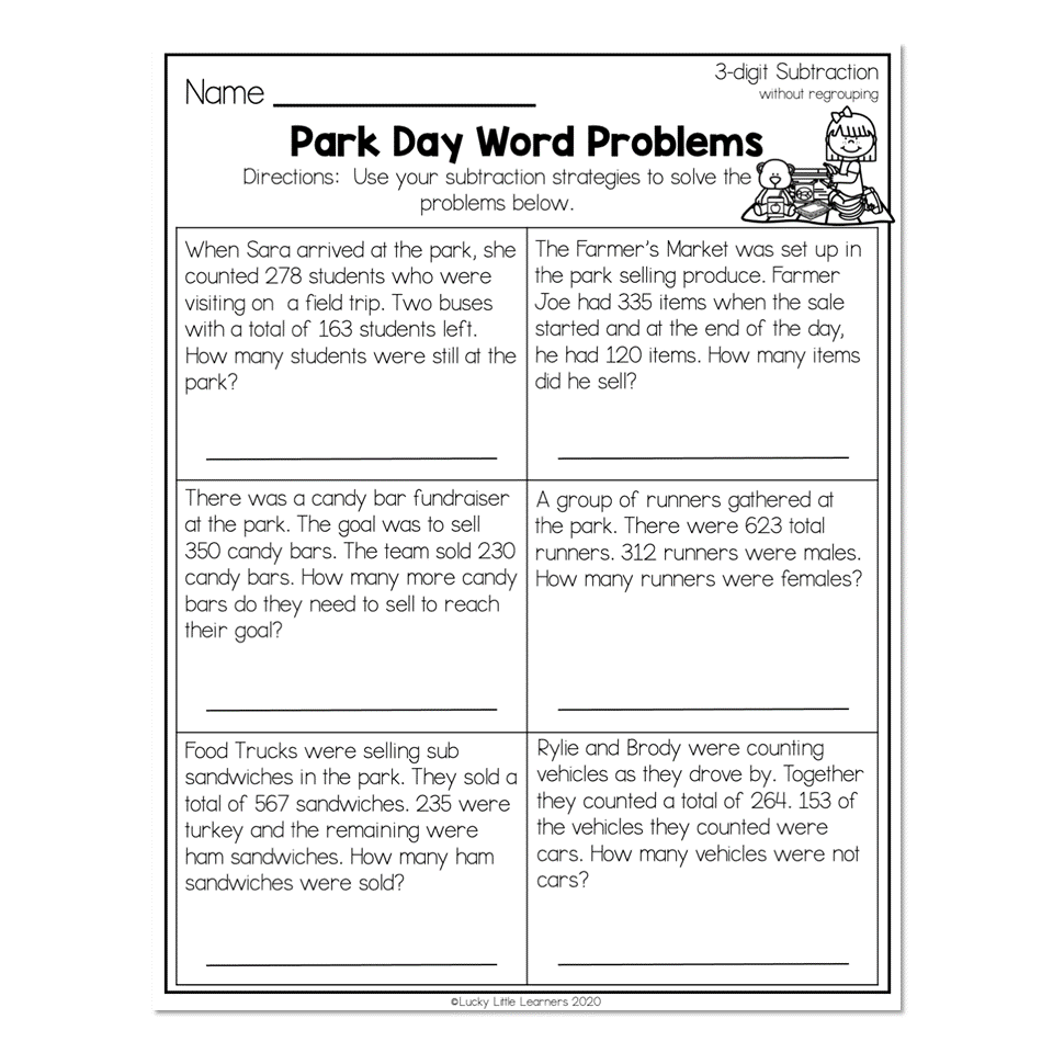 2nd Grade Math Worksheets 3 Digit Subtraction Without Regrouping Park Day Word Problems Lucky Little Learners