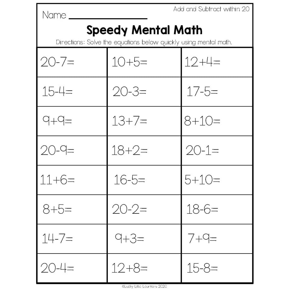 2nd Grade Math Worksheets Operations And Algebraic Thinking Add And Subtract Within 20 Speedy Mental Math Lucky Little Learners