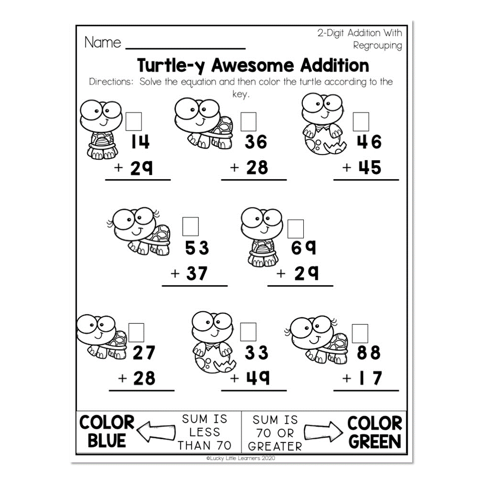 2nd Grade Math Worksheets Place Value 2 Digit Addition With Regrouping Turtle y Awesome Addition Lucky Little Learners