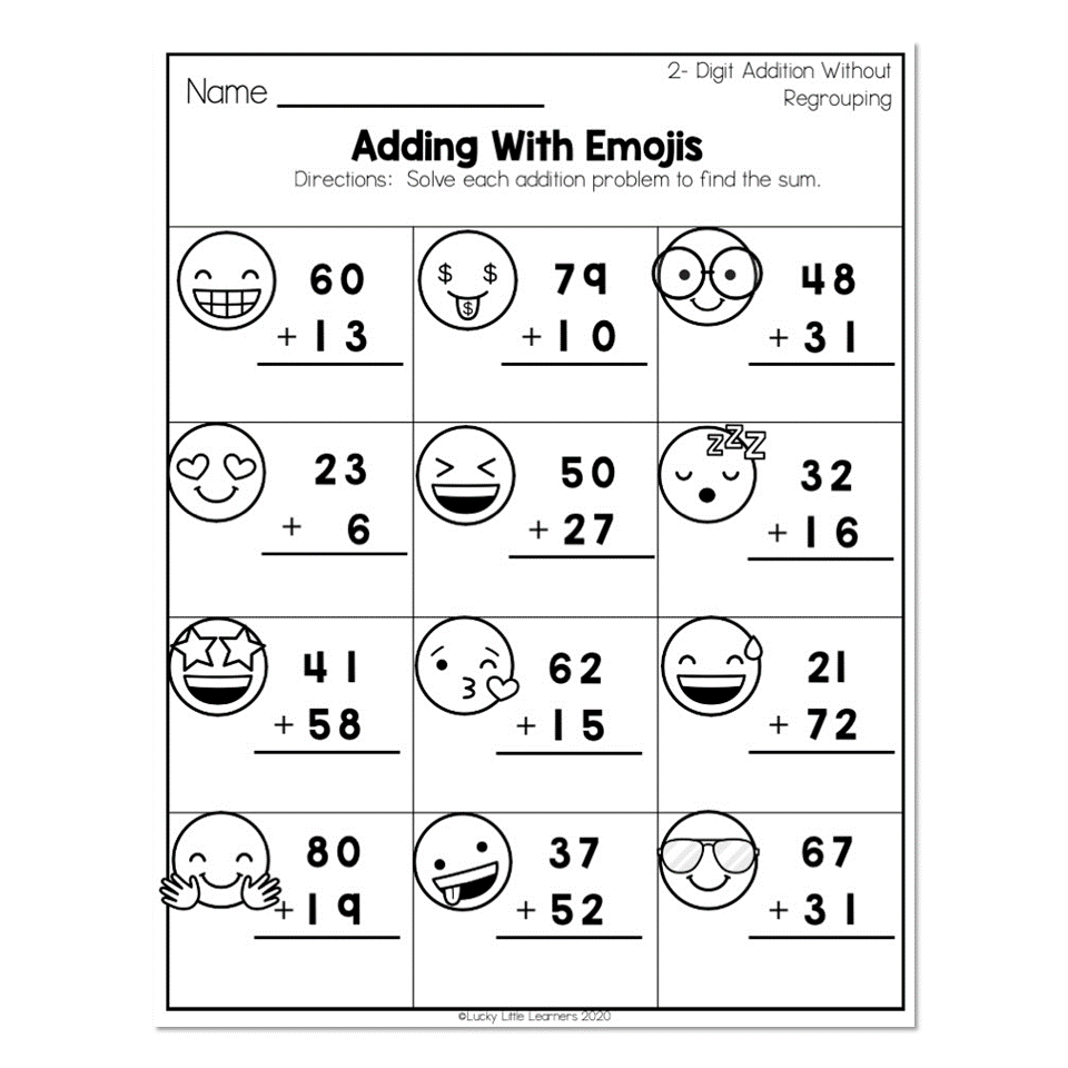 2nd Grade Math Worksheets Place Value 2 Digit Addition Without Regrouping Adding With Emojis Lucky Little Learners