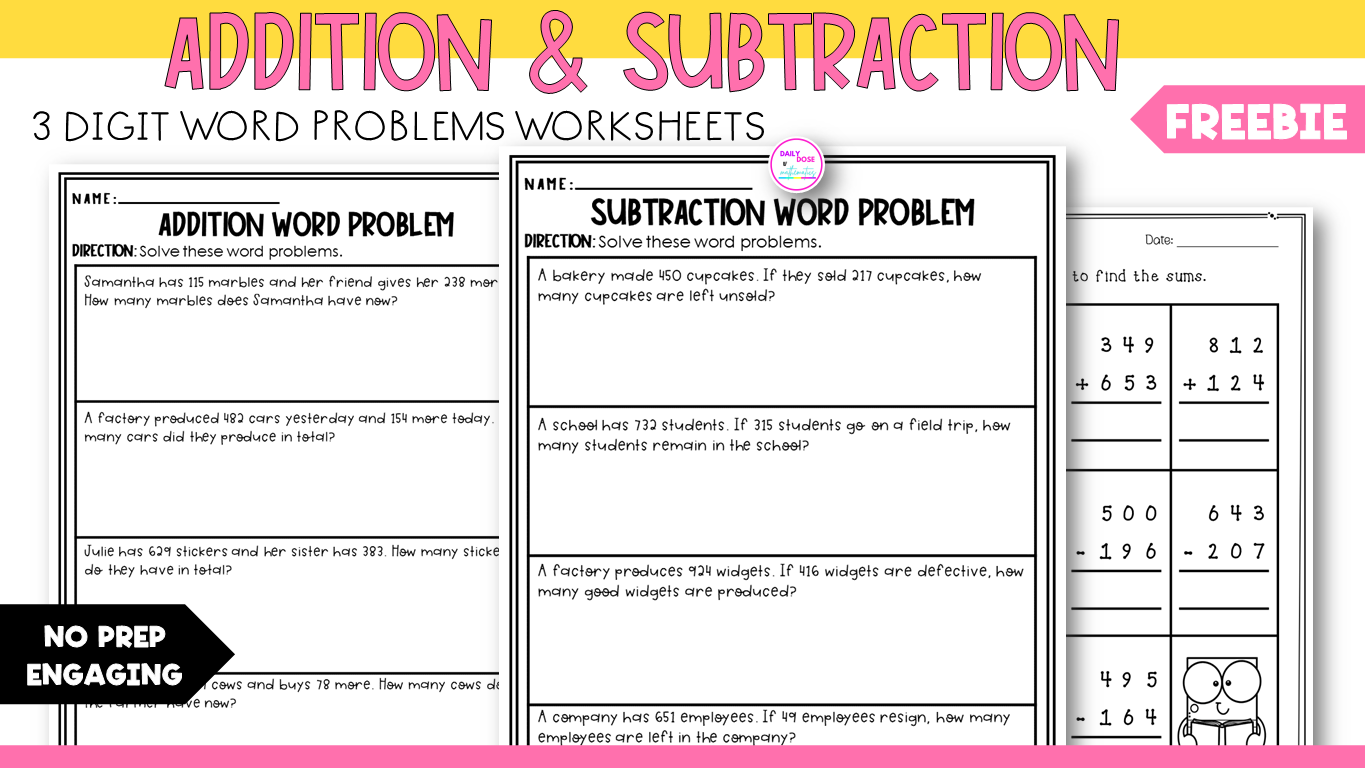 3 Digit Addition Problems Worksheets For Practicing Addition Daily Dose Of Mathematics