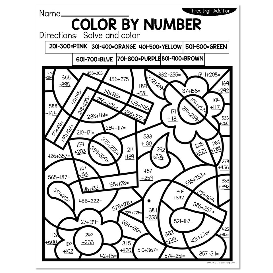 3 Digit Addition Spring Color By Number Birdhouse Lucky Little Learners
