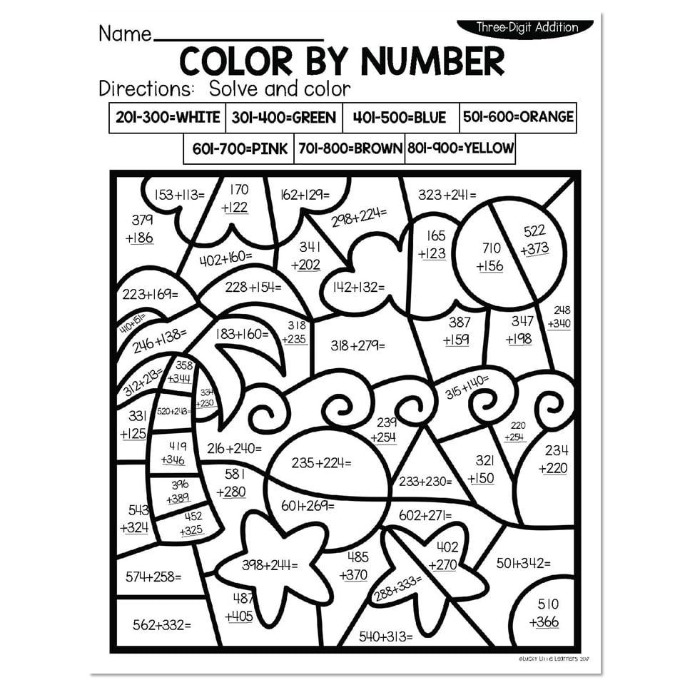 3 Digit Addition Summer Color By Number Beach Lucky Little Learners