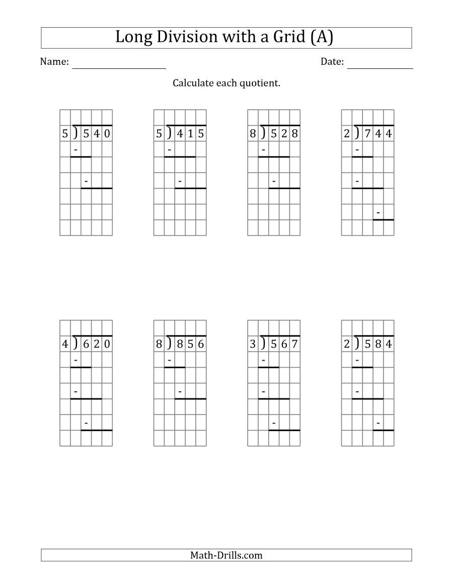 3 Digit By 1 Digit Long Division With Grid Support And Prompts With No Remainders And Steps Shown On Answer Key 12 Problems Per Page A 