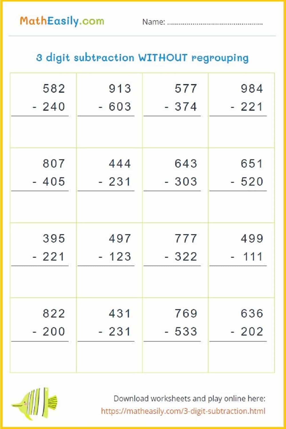 3 Digit Subtraction With Without Regrouping Games