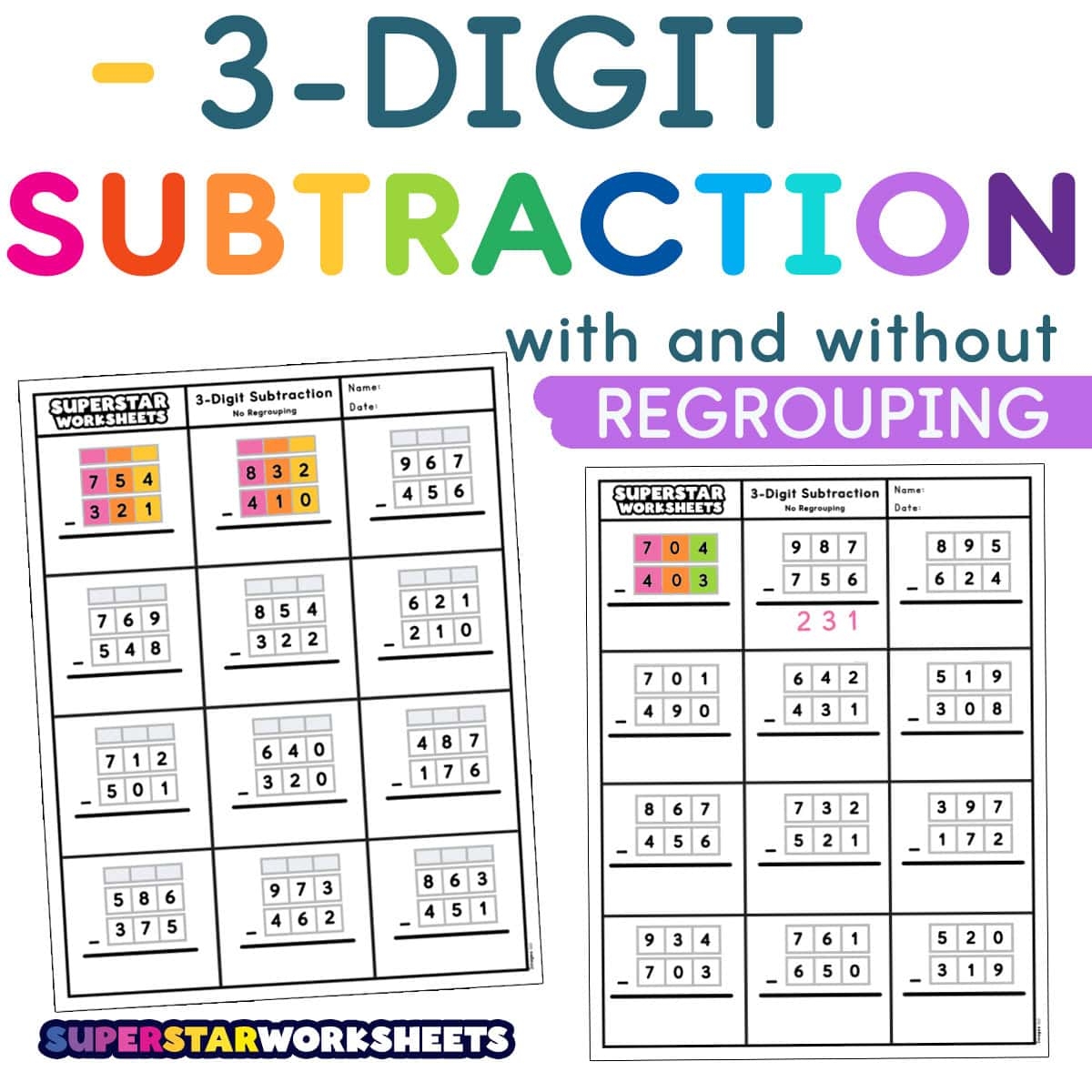 free three digit subtraction with regrouping worksheets