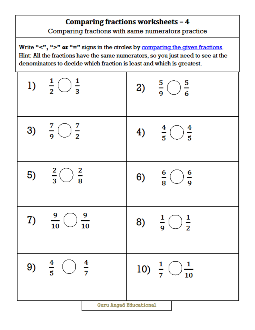 3RD GRADE MATH COMPARING FRACTIONS WITH SAME NUMERATORS BUT Worksheets Library