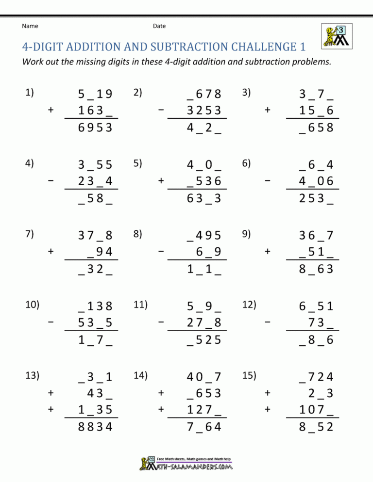 4 Digit Addition And Subtraction Worksheets