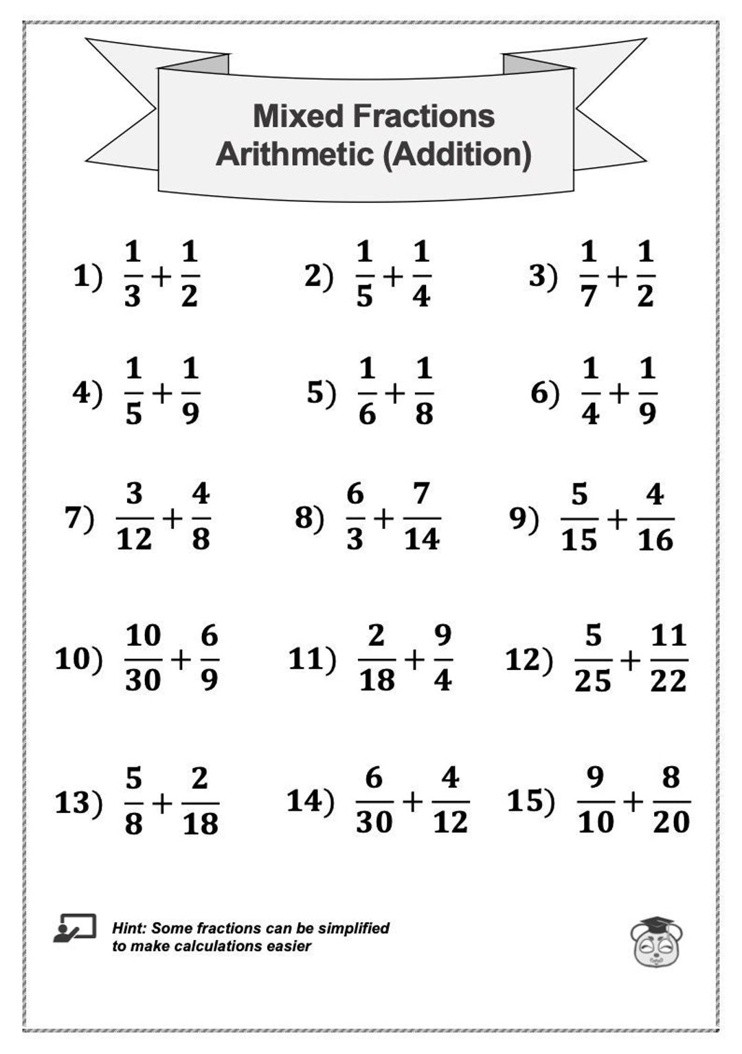 mixed number addition and subtraction worksheet