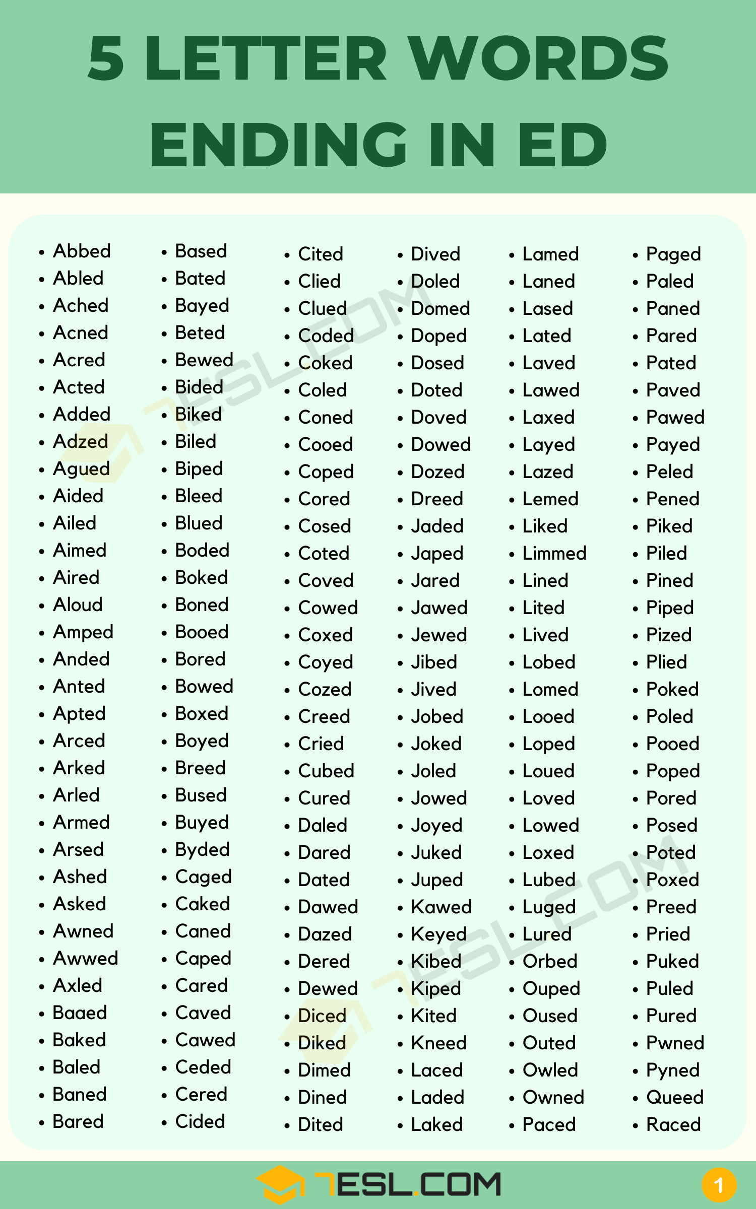 5 Letter Words Ending In ED 585 Words In English 7ESL