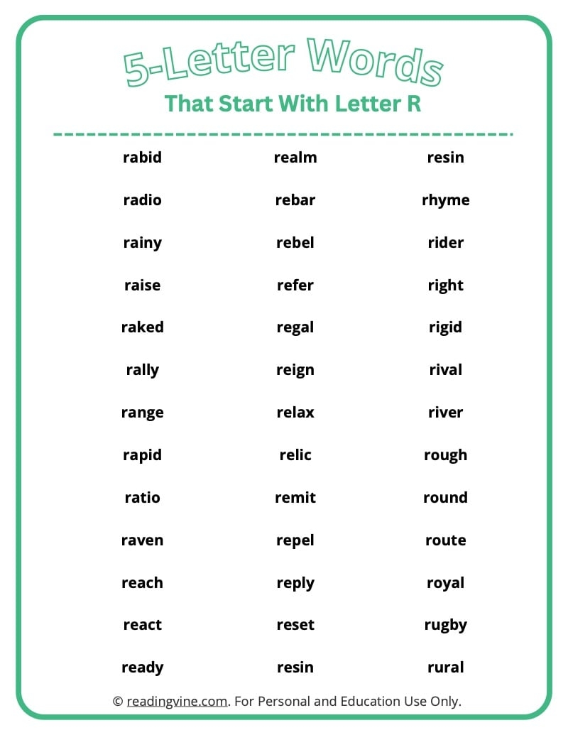 5 Letter Words That Start With R Printable List Worksheets