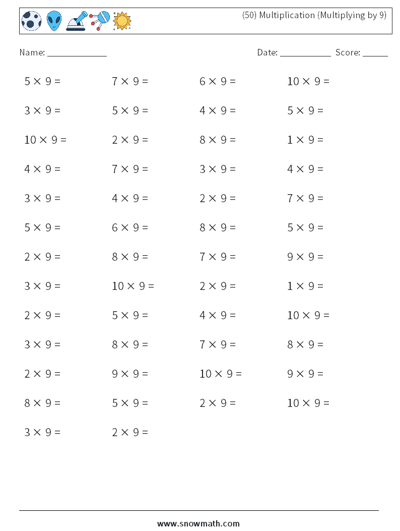 50 Multiplication multiplying By 9 Math Worksheets Math Practice For Kids 