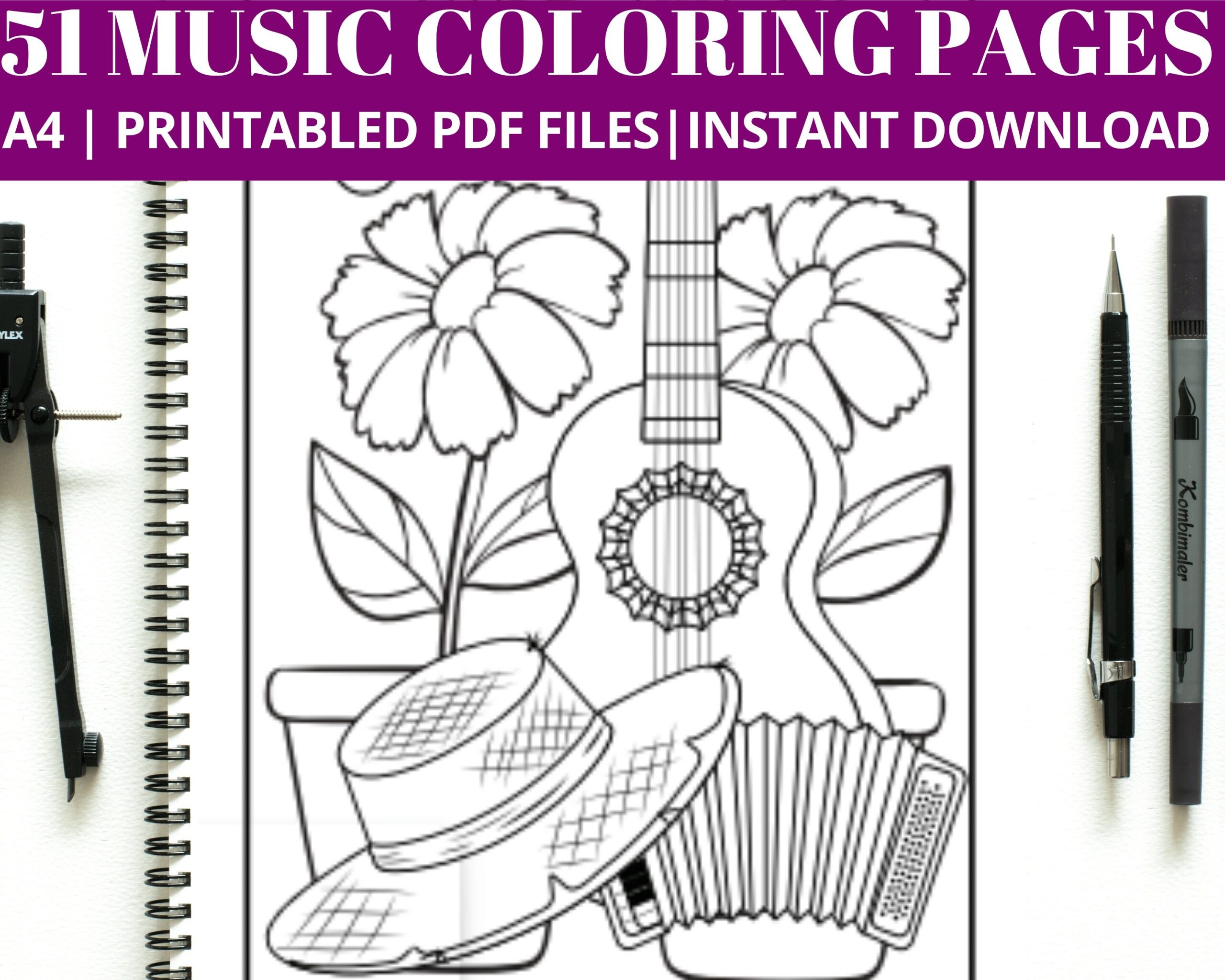 50 Music Coloring Pages For Adults Printable Floral Coloring Pages Instant Download Etsy