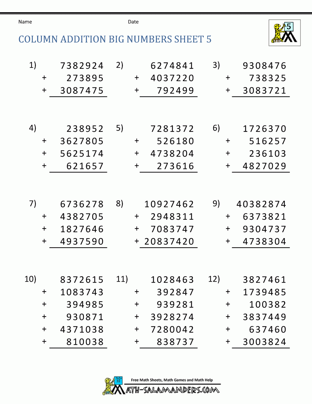 5th Grade Addition Worksheets