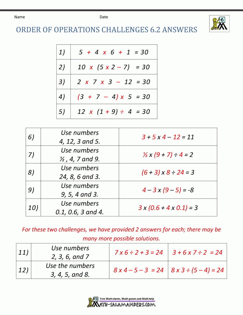 order of operations worksheet pdf
