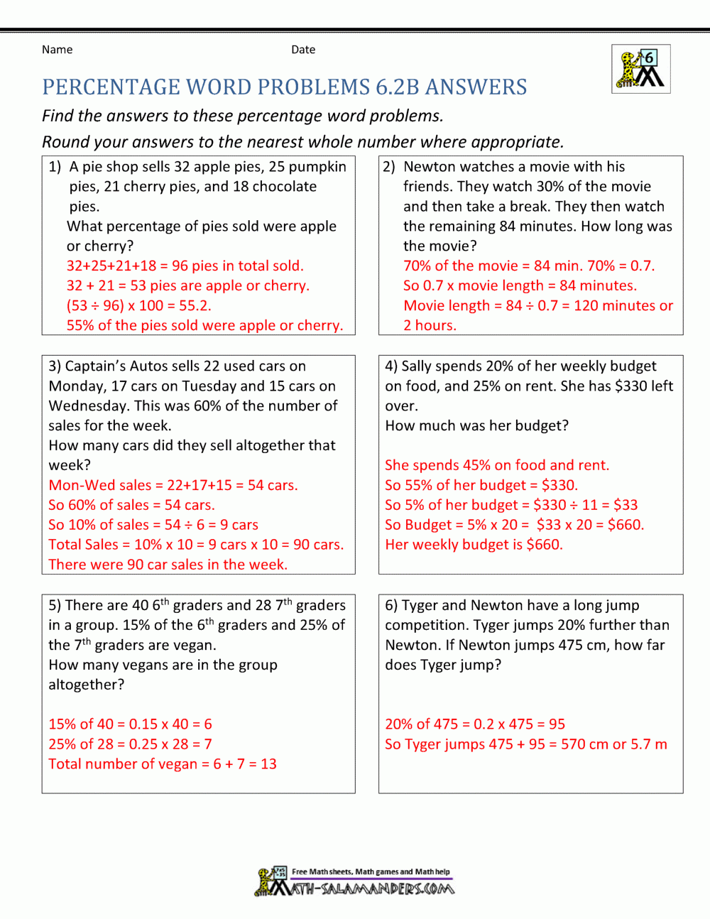 6th Grade Percent Word Problems